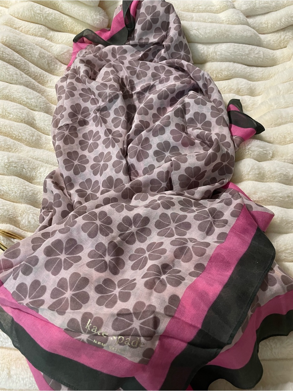 NWOT Kate Spade Pink, Gray and Black Floral Logo Scarf - Picture 4 of 6